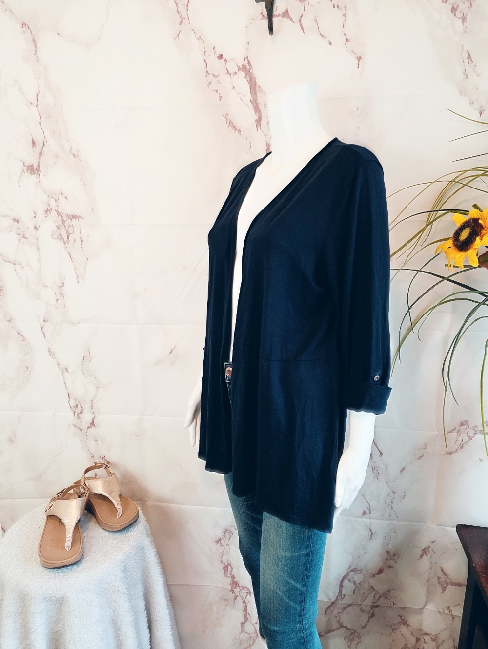 J Jill Wearever Black Open Front Cardigan Jacket 3 4 Sleeve Stretch Career Work - Picture 4 of 7